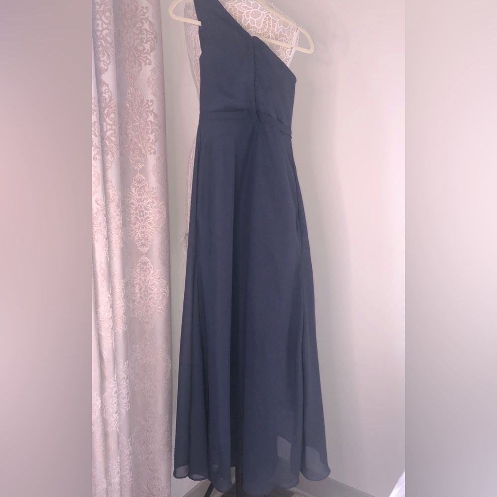 Pomuyoo One Shoulder Pleated Formal dress with Slit and pockets Navy Blu…